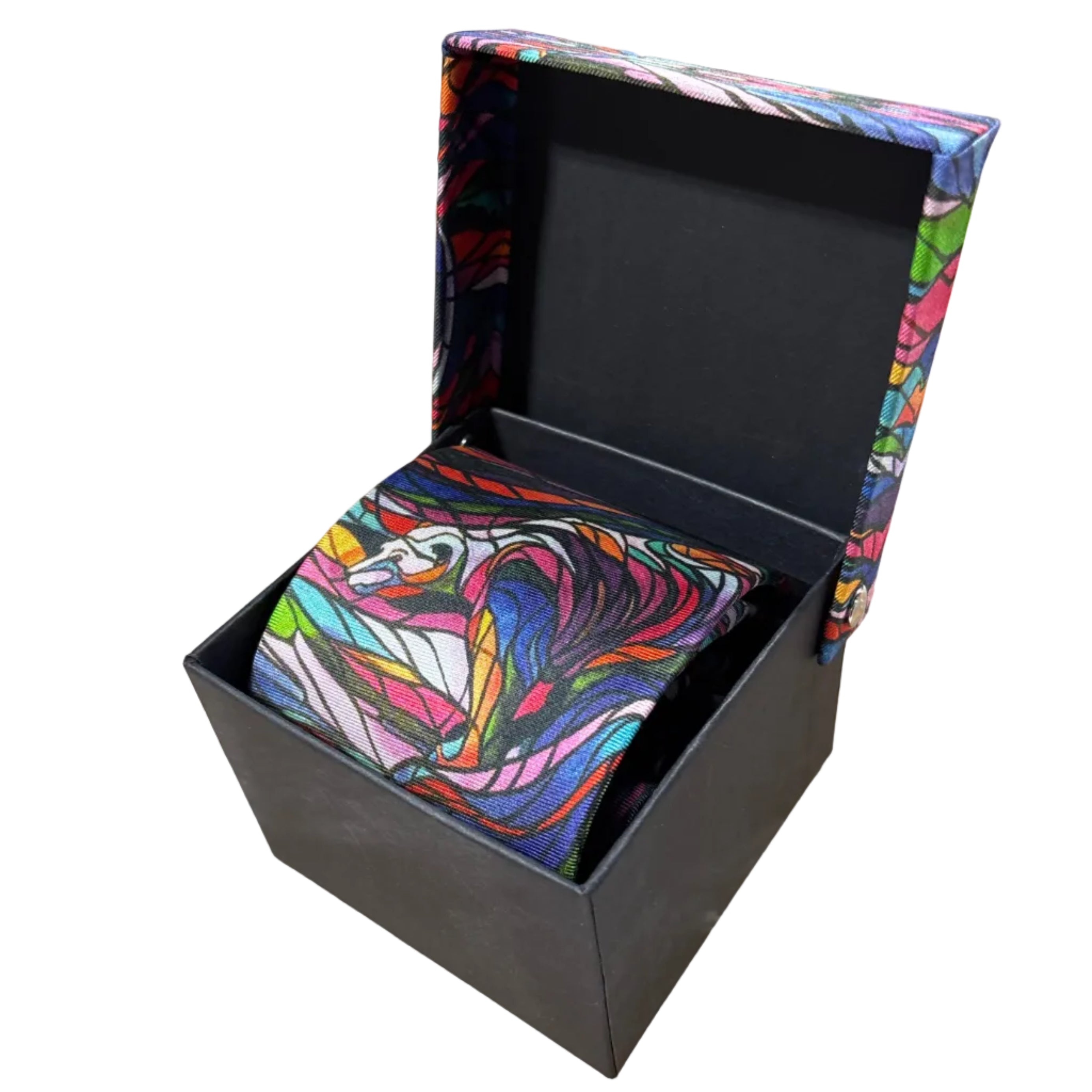 Colorful tie inside an open black box