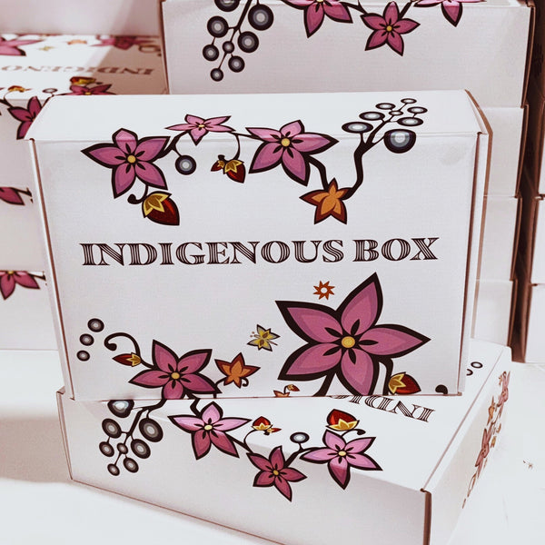 Indigenous Box packaging with floral designs on a white background