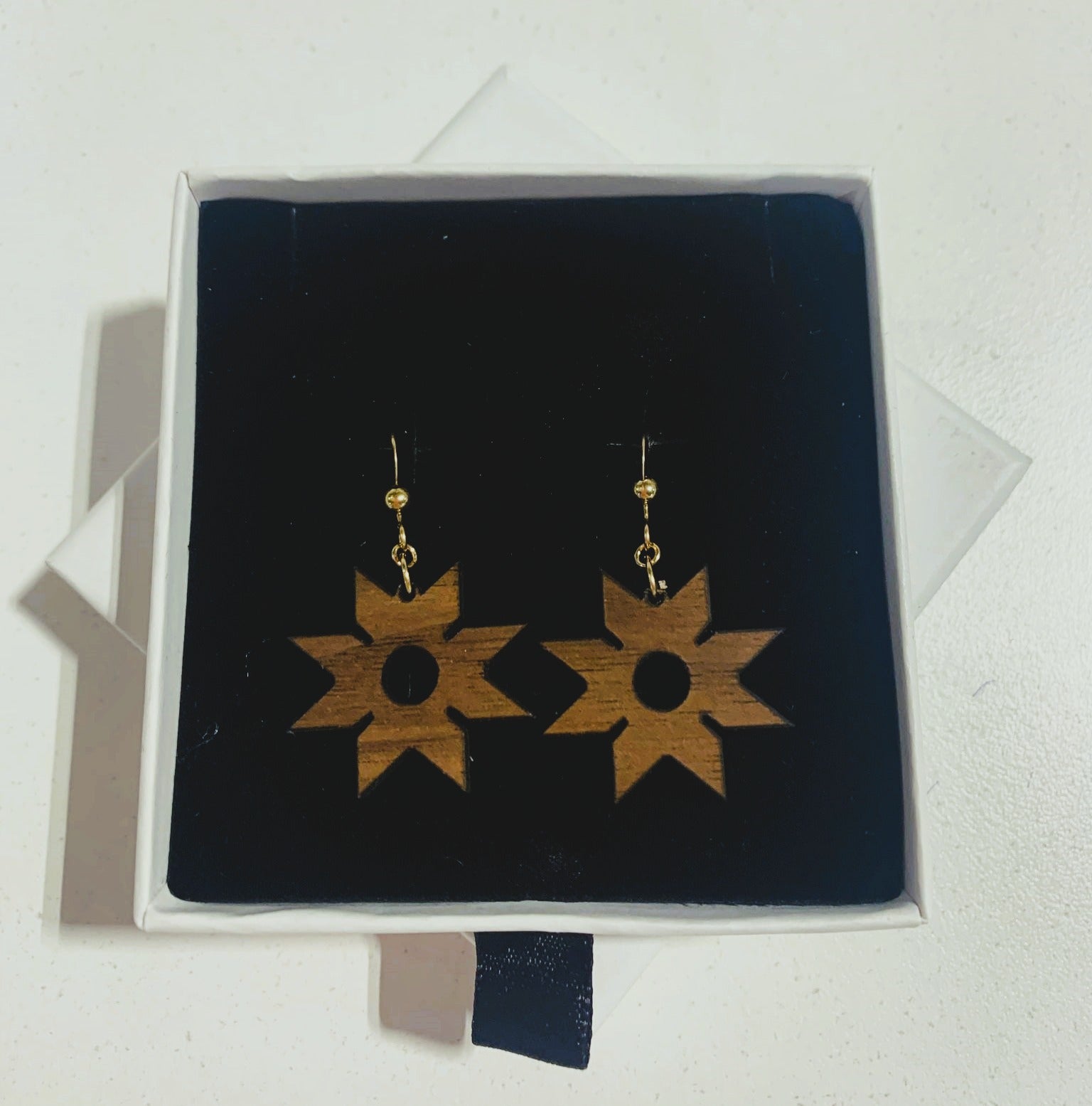 Wooden Indigenous Box Earrings 8 point star - Ohtisii Collaboration