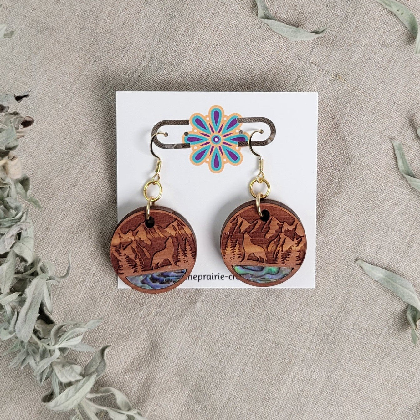 Abalone Inlay Cedar Wolf Earrings