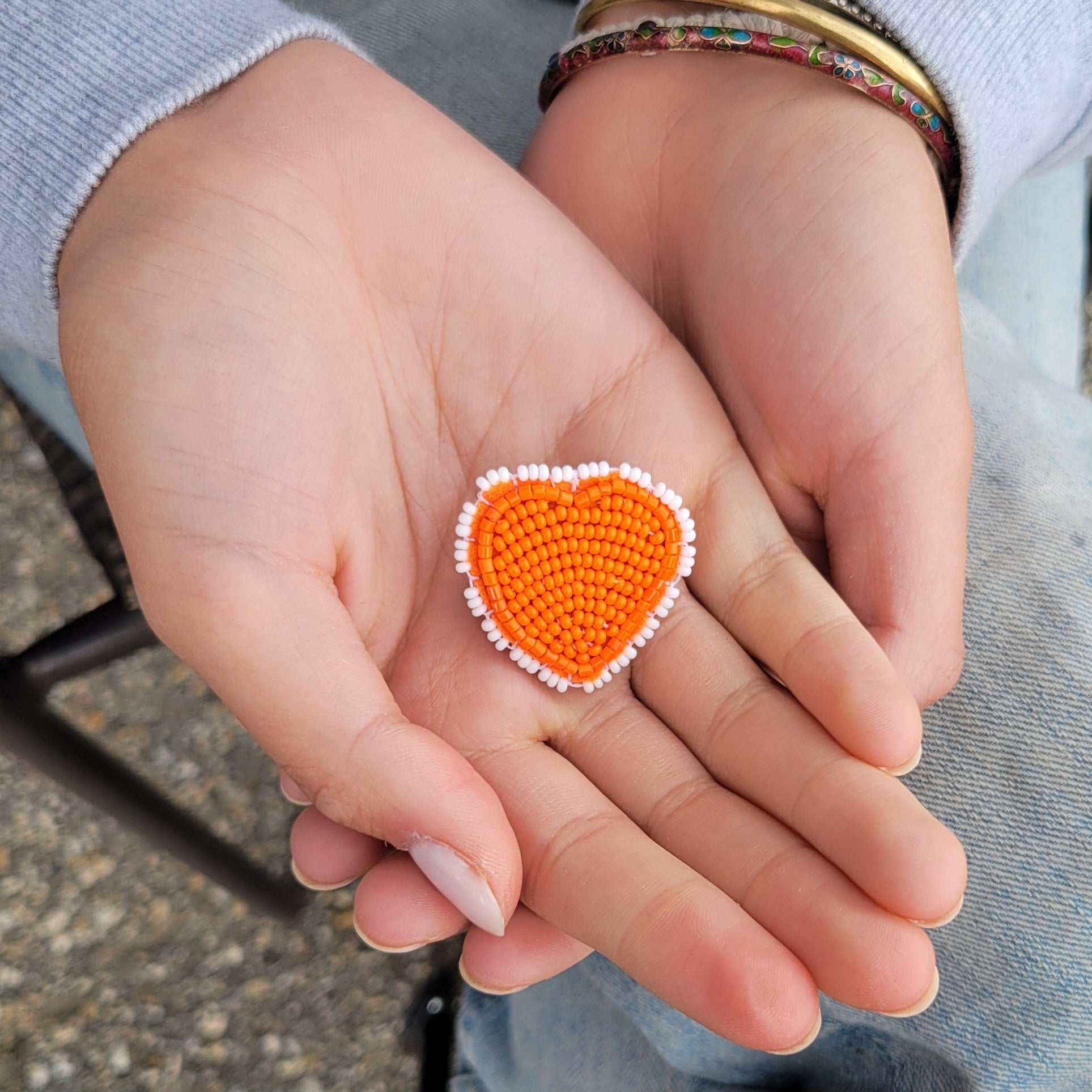Beaded Orange Heart Pin